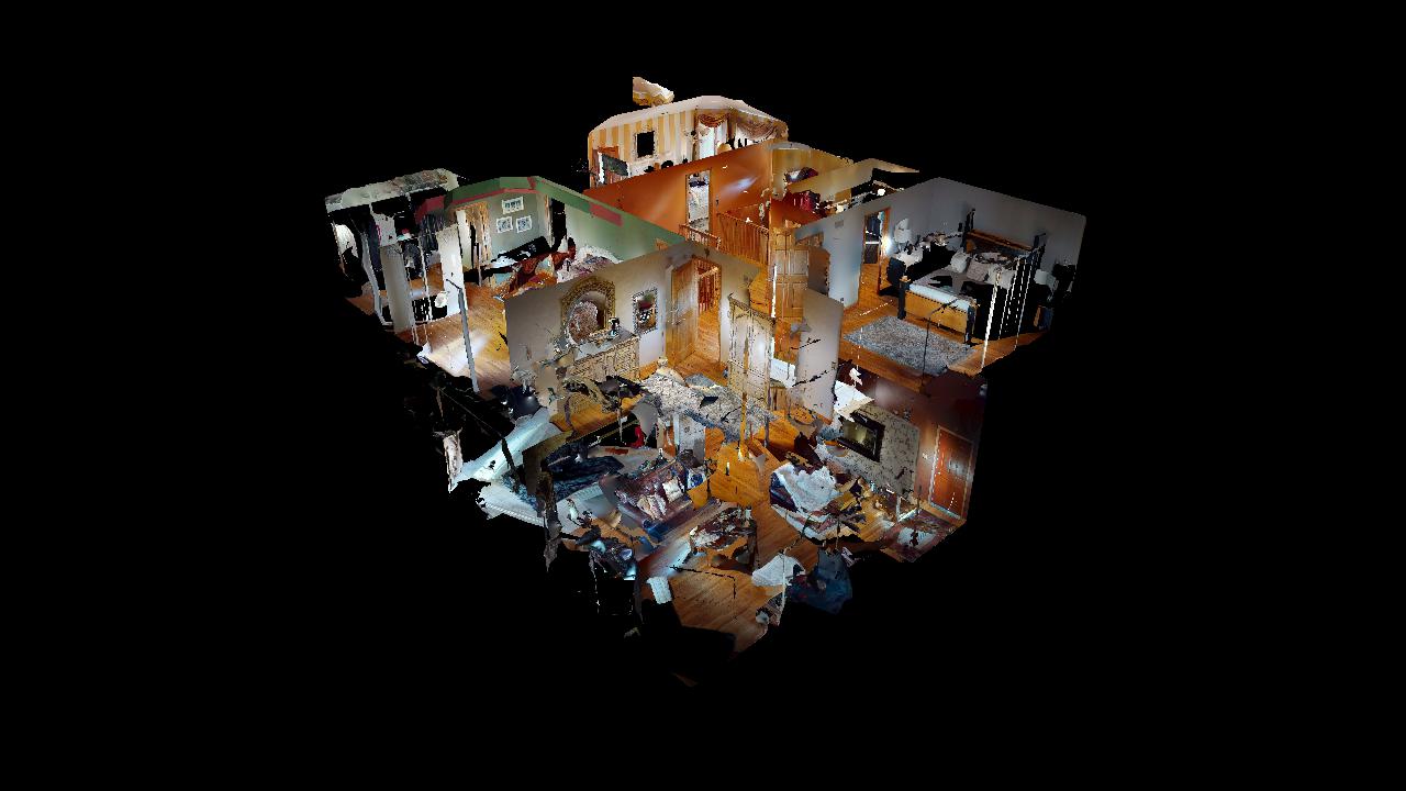 A 3d model of a house with a lot of furniture on a black background.