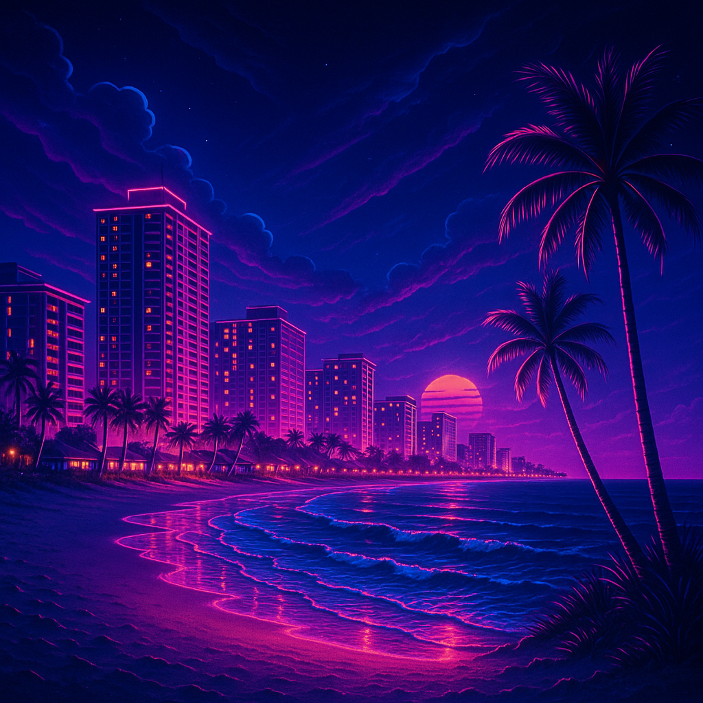 Myrtle beach scene at dusk. Skyscrapers, palm trees, and ocean waves reflect purple and pink hues