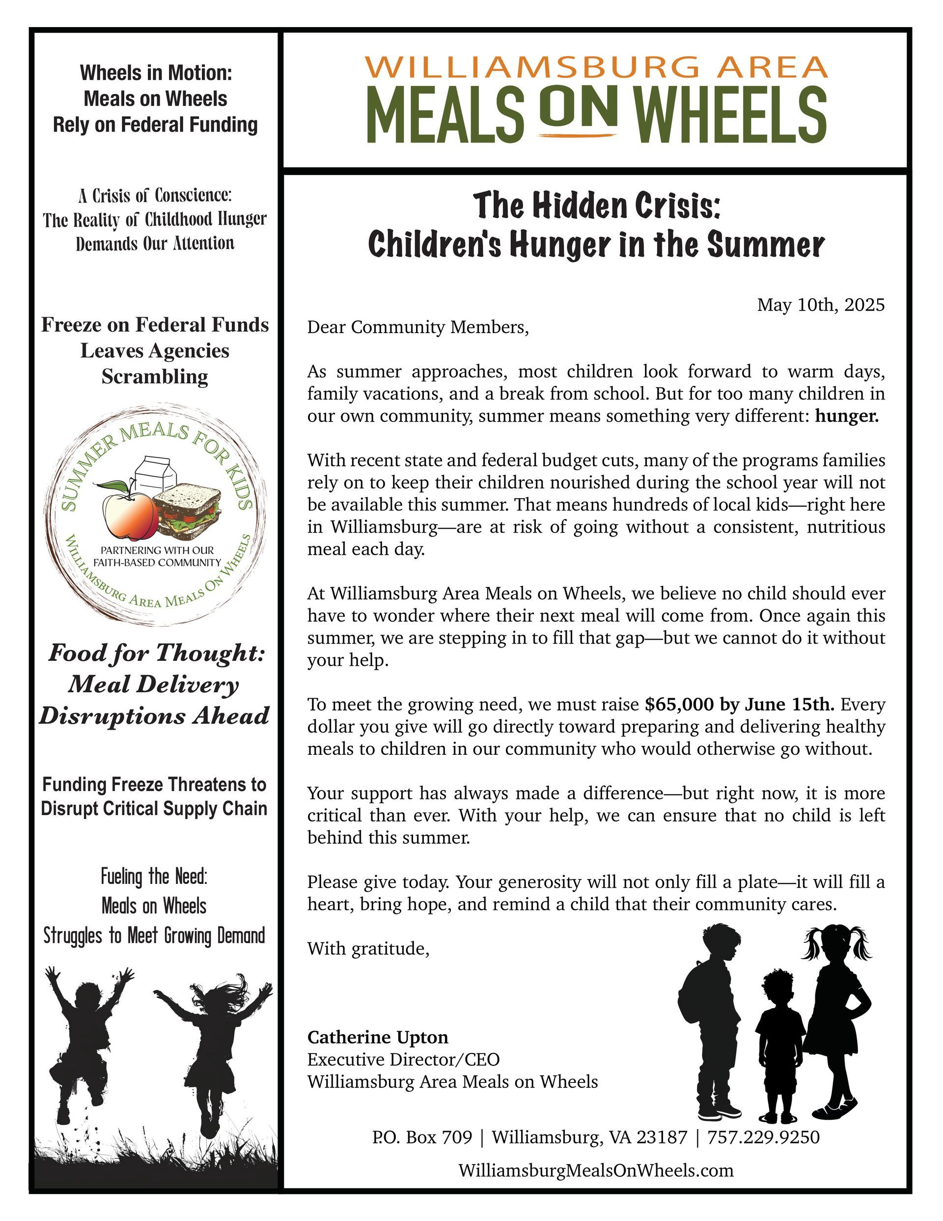 A flyer for meals on wheels in williamsburg area