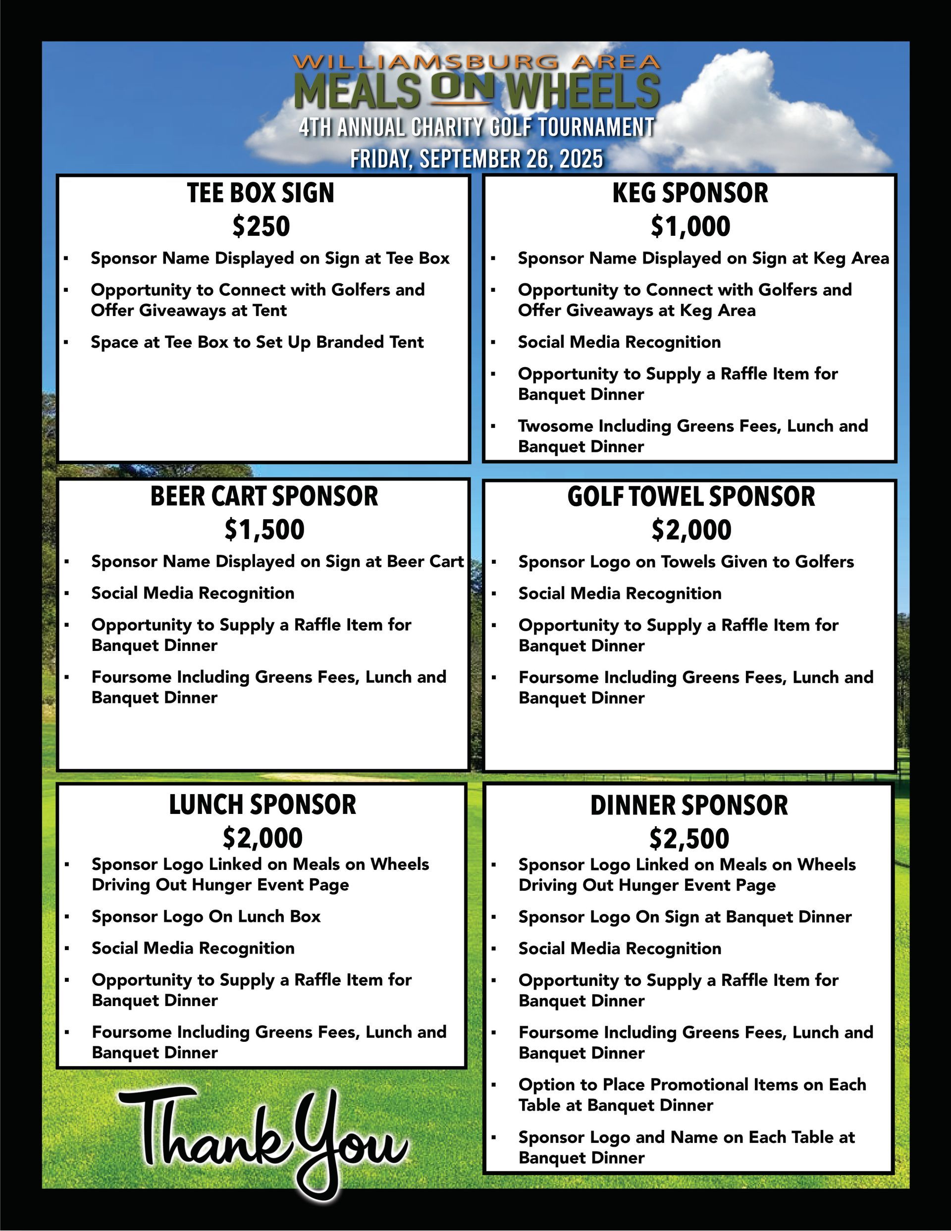 A menu for meals on wheels with a thank you message.