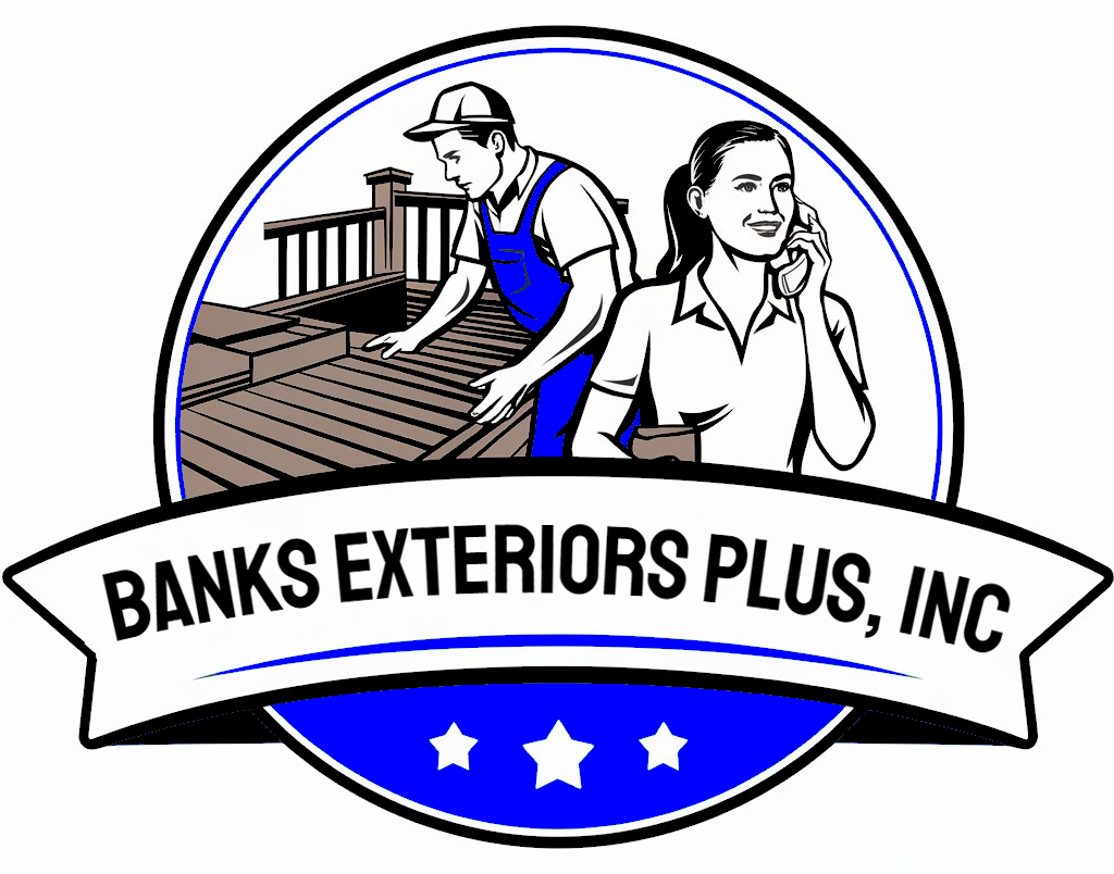 The logo for Banks Exteriors Plus, Inc shows a man and a woman working on a deck.