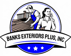 The logo for Banks Exteriors Plus, Inc shows a man and a woman working on a deck.