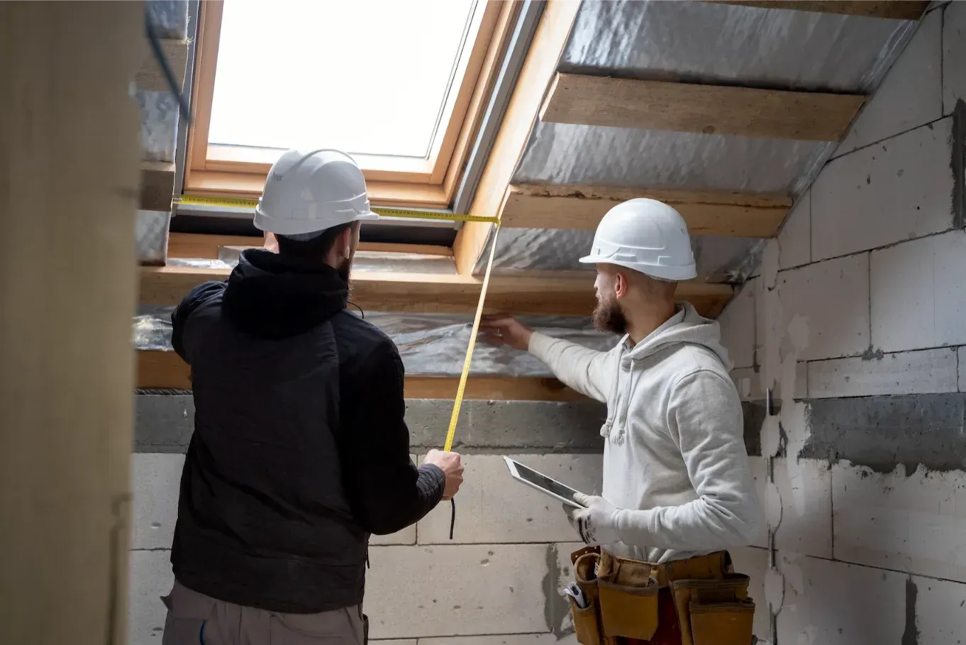 Two construction workers in hard hats measuring a skylight opening in a room with block walls.