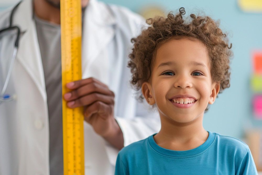menino sorridente sendo medido a altura