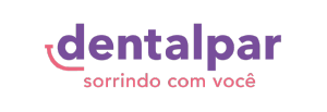 The logo for dentalpar is purple and pink and says sorrindo com você