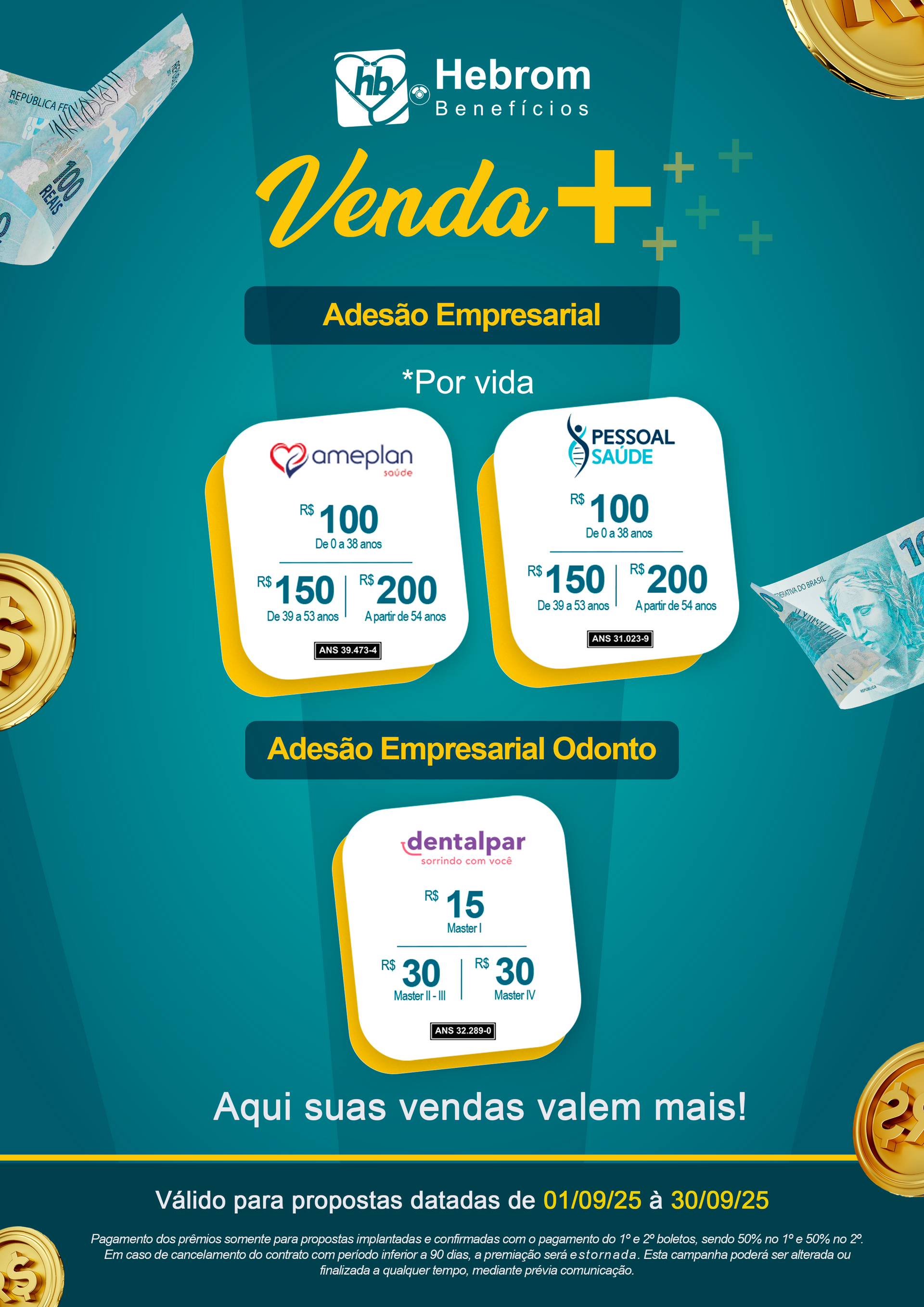 Imagem promocional com fundo azul mostrando planos com adesão empresarial, apresentando preços fixos mensais para empresas.
