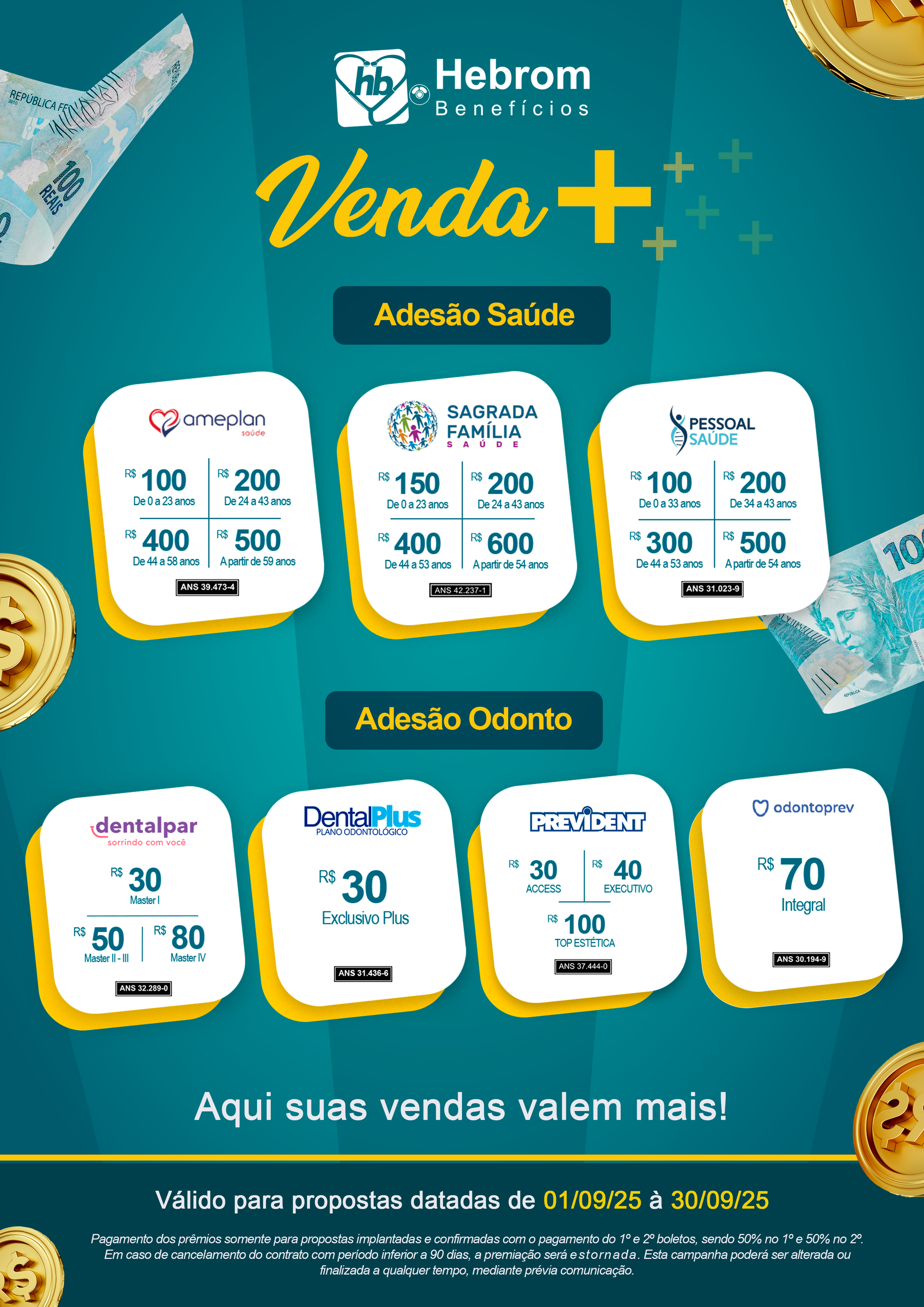 Imagem promocional com fundo azul mostrando planos com adesão empresarial, apresentando preços fixos mensais para empresas.