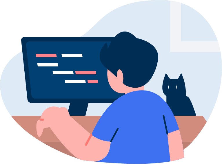 Um homem está sentado em frente a um computador com um gato atrás dele.