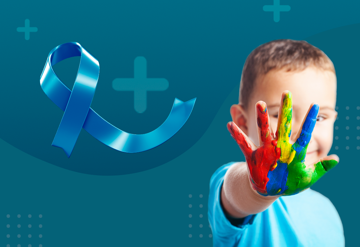 fita da campanha abril azul e criança com a mão pintada com as cores que representam a  diversidade 