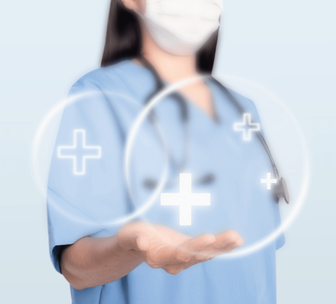 médica desfocada com circulos de saúde