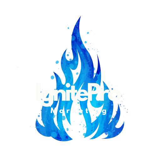 A blue fire with the words `` ignite pro marketing '' written on it.