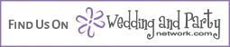 “Find us on Wedding and Party Network.com” banner with purple logo on a white background