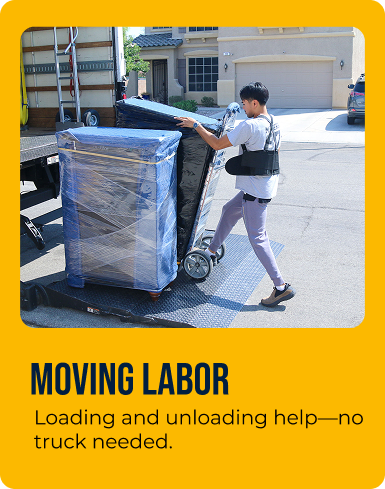 Movers loading and unloading household items.