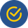 A yellow checkmark inside a yellow circle on a dark blue circular background.