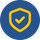 Yellow shield icon with a checkmark centered on a dark blue circular background.