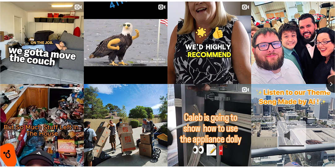 Collage of eight small photos with various scenes, including people, animals, and objects.