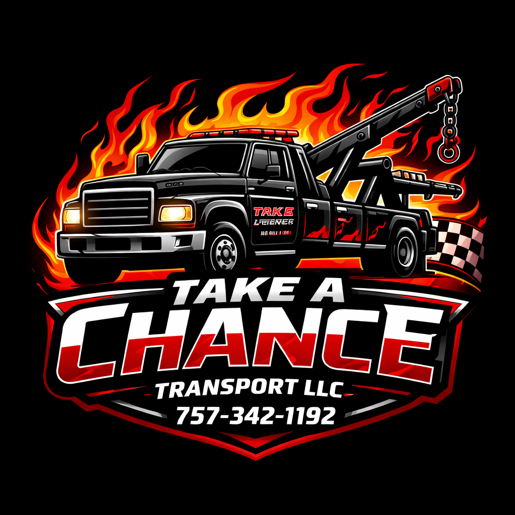 Logo for Take A Chance Transport LLC featuring a black tow truck, stylized flames, a checkered flag, and phone number.