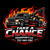 Logo for Take A Chance Transport LLC featuring a black tow truck, stylized flames, a checkered flag, and phone number.