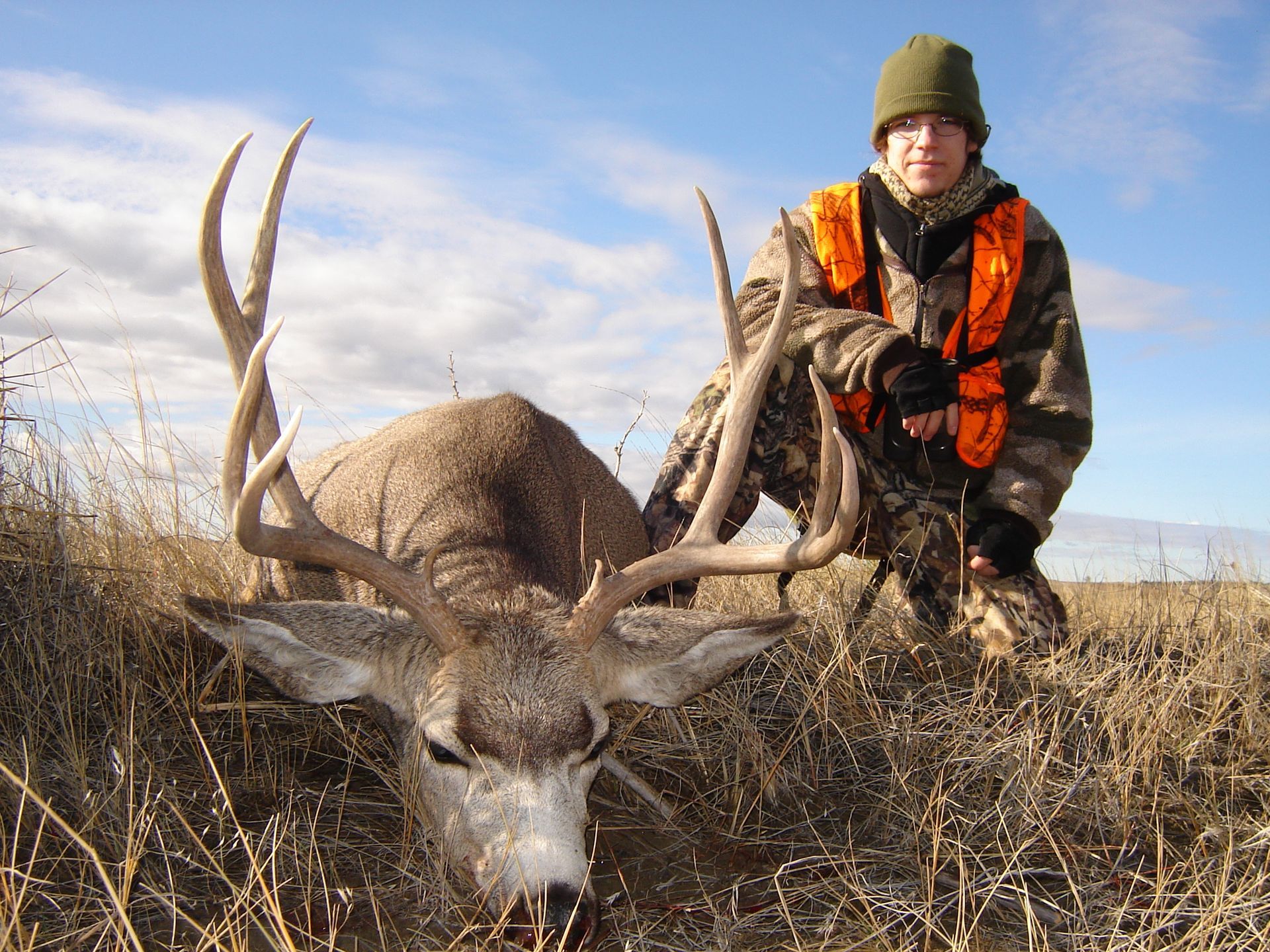 A man knelt next to a dead deer