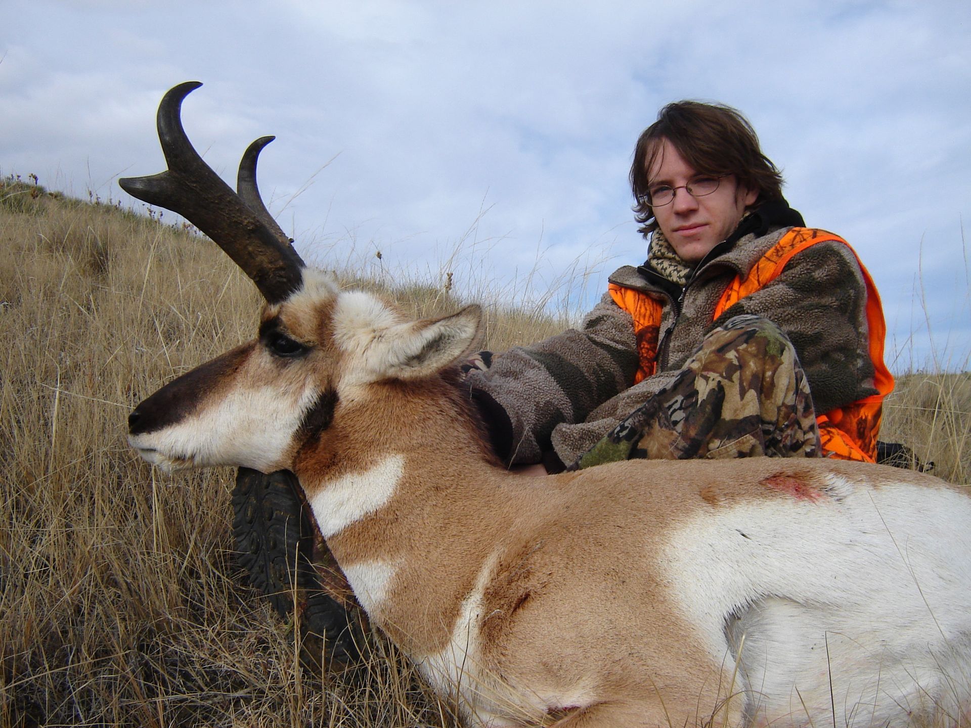 A man in an orange vest is sitting on the back of a deer