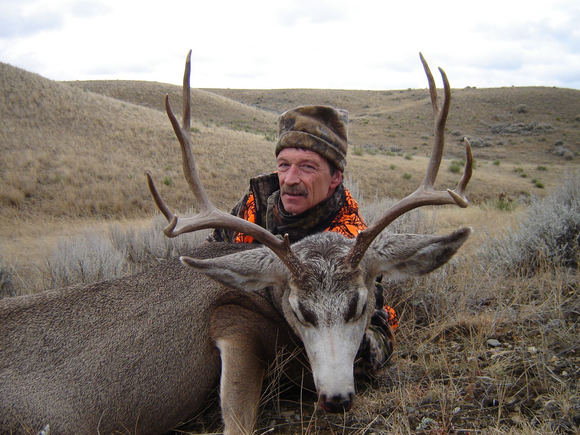 A man kneeling behind a dead deer