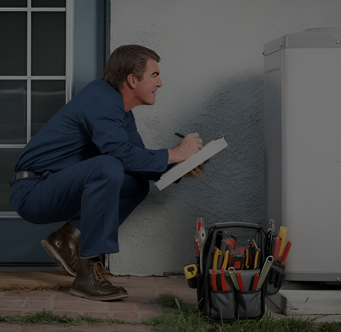 A man squatting down with a clipboard and a bag of tools