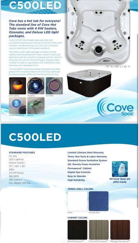 Cove Spas C500LED hot tub product sheet. White tub, multiple views, and color options.