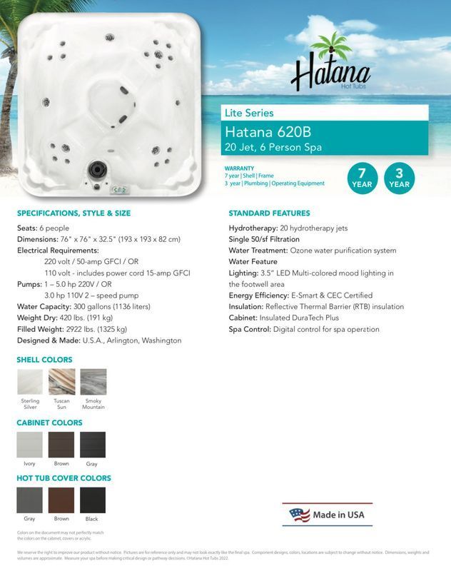 Hotana 620B spa brochure with product info, specs, and color options.