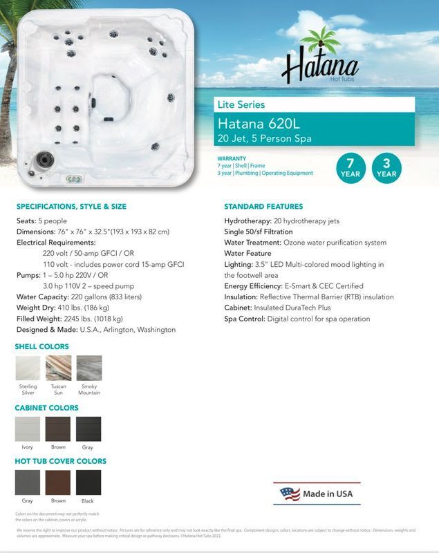 Hot tub specifications for a Havana 620L model. Includes details on jets, size, and colors.