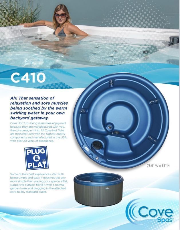 Cove Spas advertisement: woman in a hot tub, blue round tub graphic, and a smaller tub graphic.