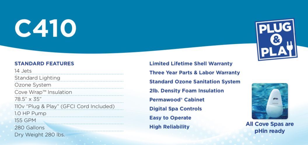 Product features for C410 spa, with a 
