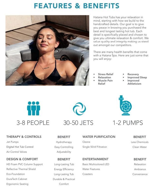 Woman relaxing in hot tub. Features & Benefits flyer shows spa details: capacity, jets, pumps, and health benefits.
