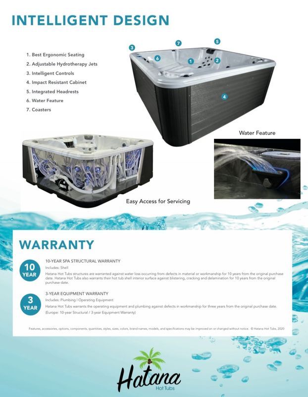 Brochure for a Hatana Naples hot tub, showing features, a warranty, and water elements.