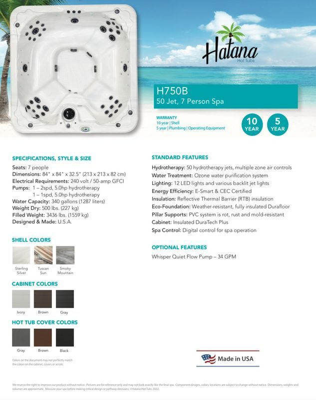 A spa advertisement featuring a white hot tub, product details, and a beach background.