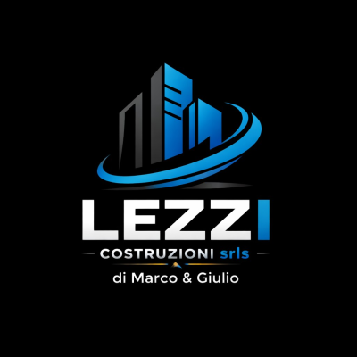 Logo per Lezzi Costruzioni srls, caratterizzato da edifici stilizzati blu e grigi con un'elegante linea curva su sfondo nero.