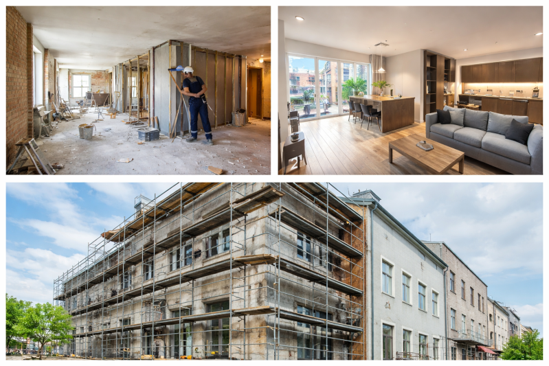 Un operaio edile intento a ristrutturare un appartamento, gli interni completati, e un edificio in fase di restauro esterno.