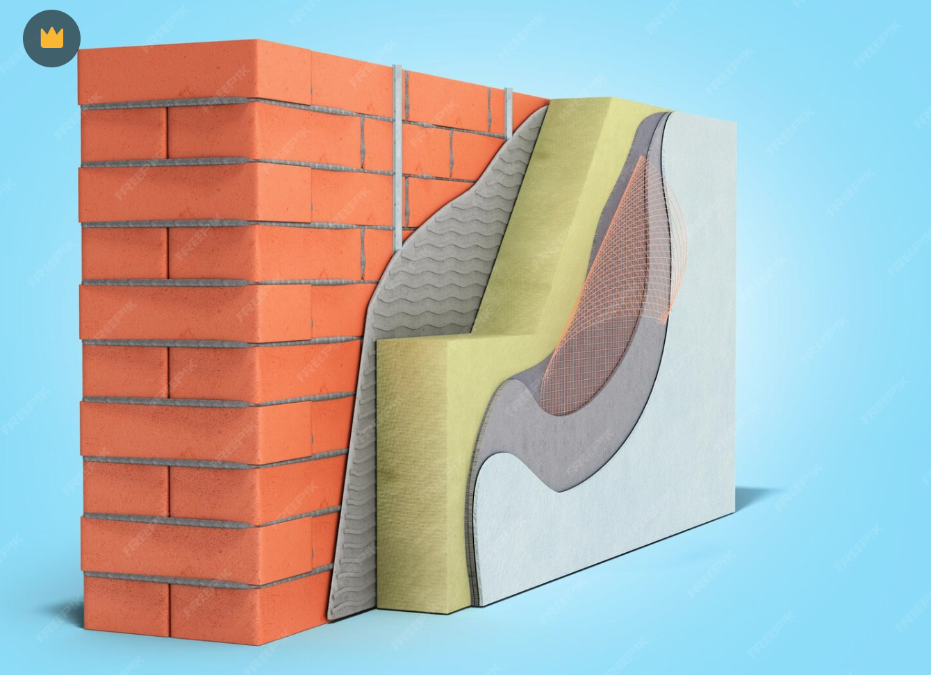 Diagramma tridimensionale in sezione trasversale che mostra gli strati di isolamento per pareti esterne applicati a un muro di mattoni.