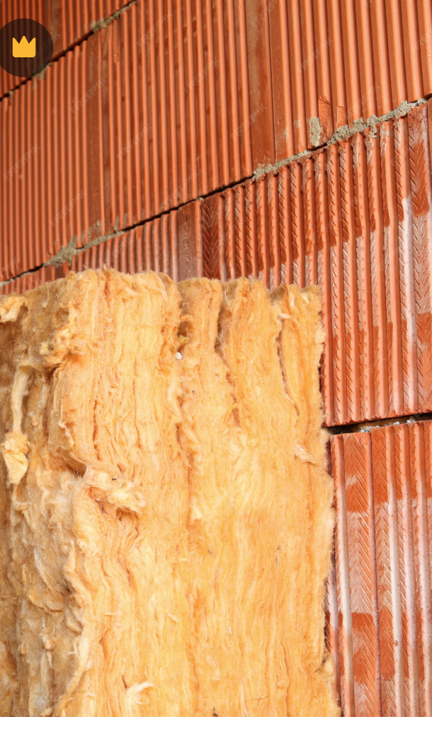 Un grosso pezzo di materiale isolante fibroso di colore marrone chiaro, posizionato davanti a un muro di mattoni rossi.