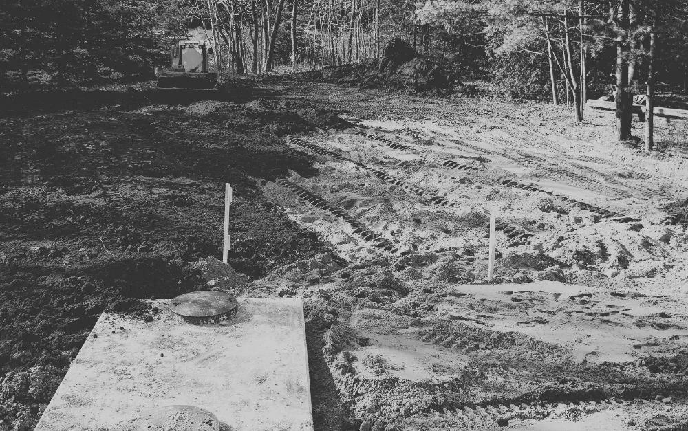 A black and white photo of a graveyard with trees in the background.