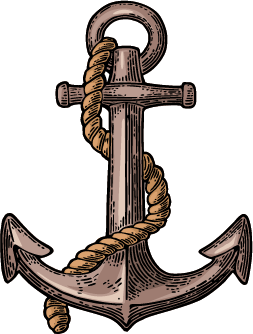 A drawing of an anchor with a rope around it.