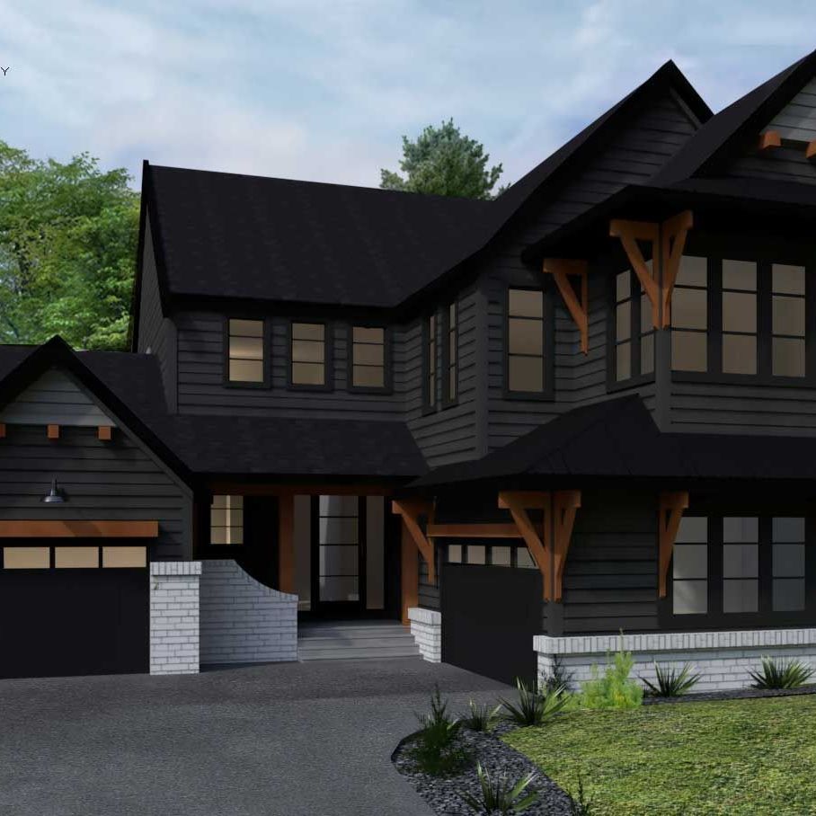 A rendering of a black house with a garage door