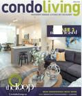 A living room with a couch and a coffee table on the cover of a condo living magazine.