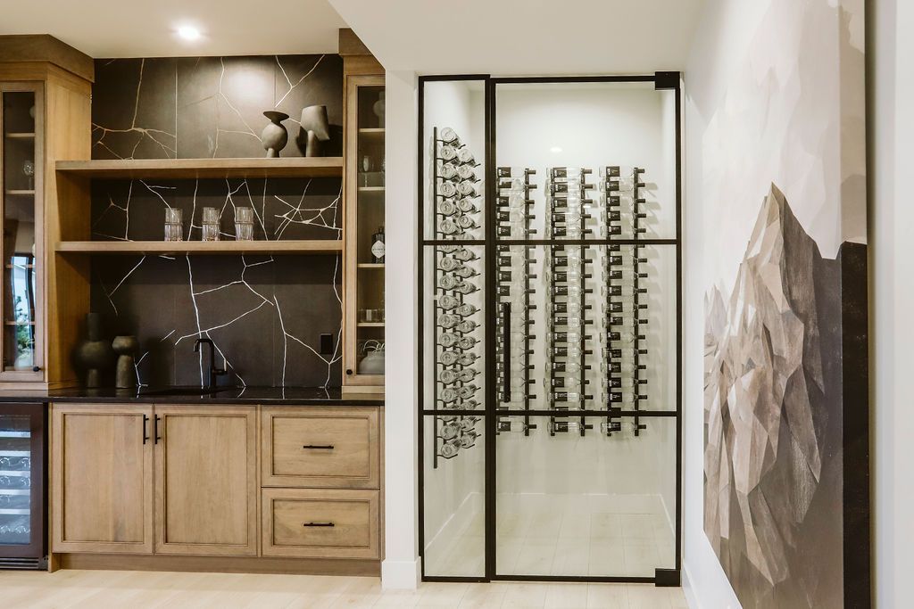 A wine cellar with a sliding glass door