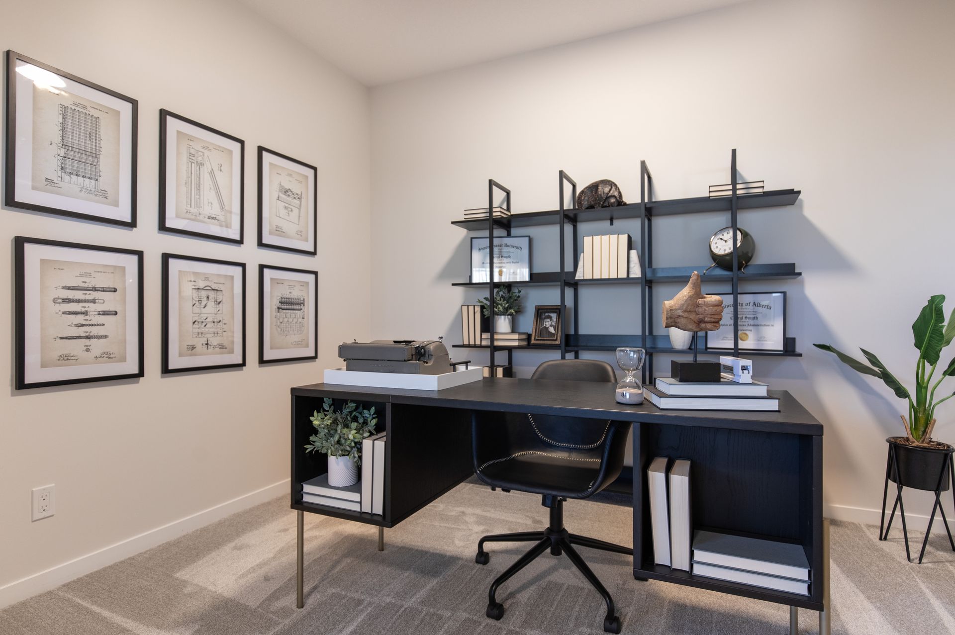 An artist 's impression of a home office with a desk and chair.