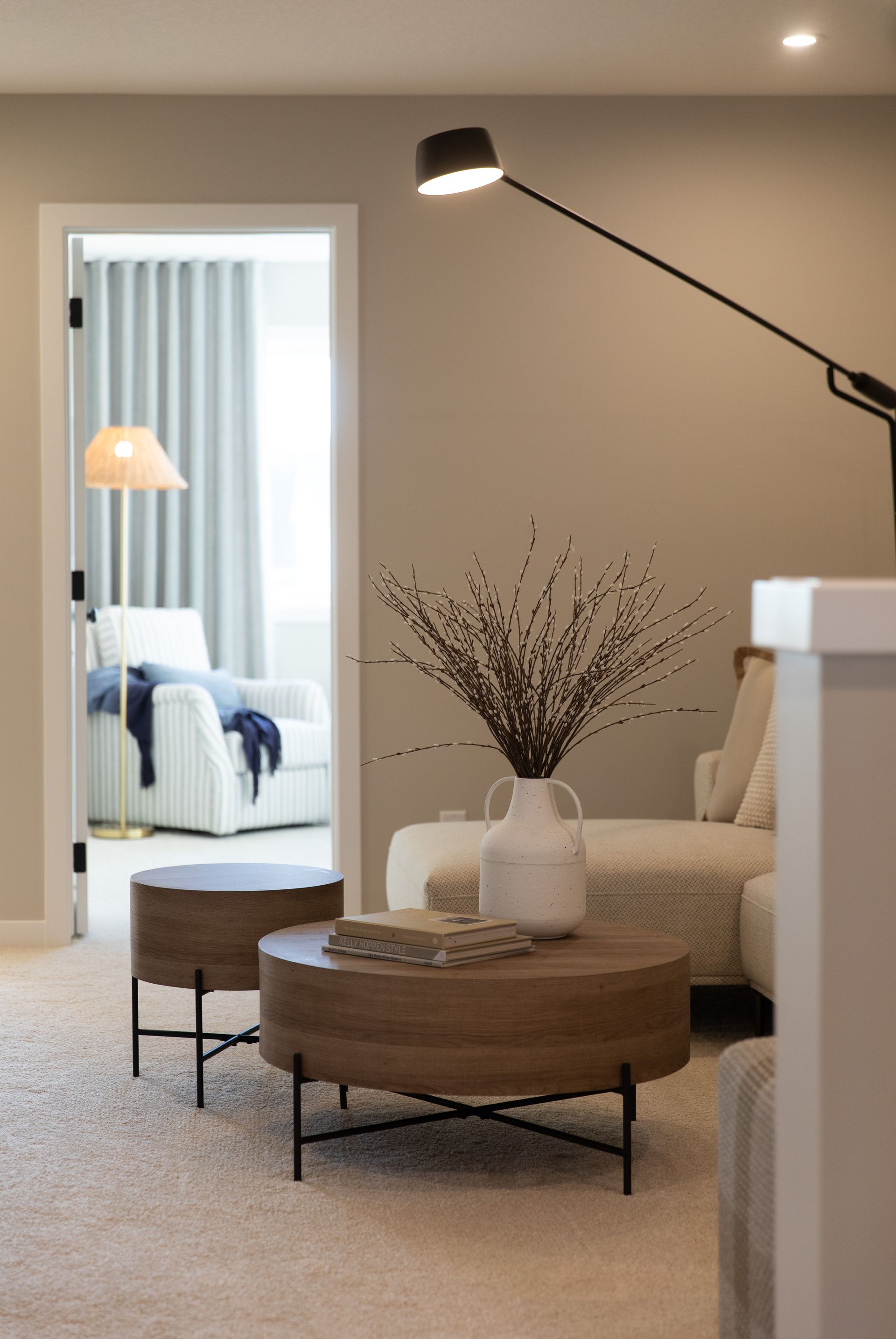 A living room with a couch and a coffee table