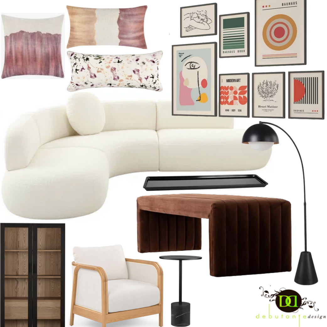 A living room with a couch a chair a table and a lamp
