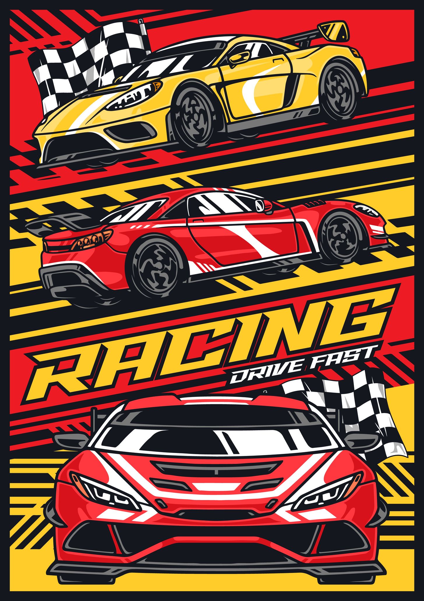 A poster with three racing cars and a checkered flag.