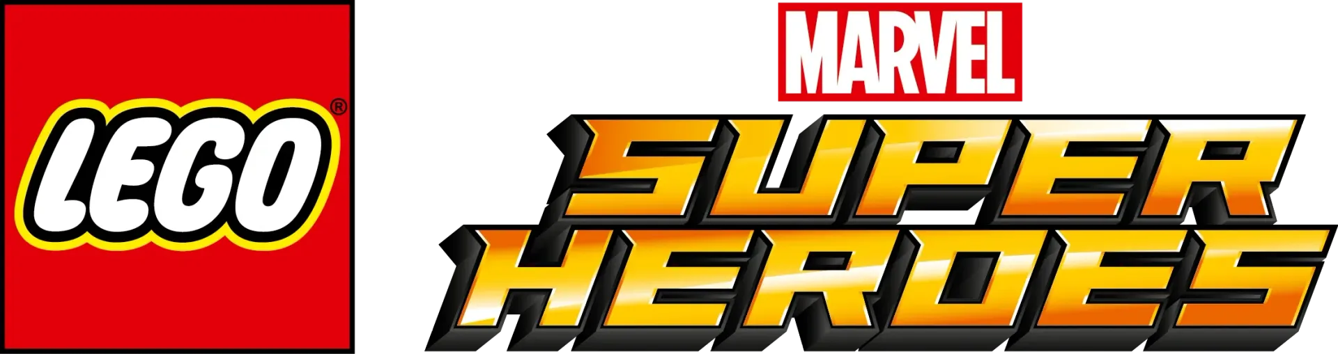 A lego logo next to a marvel super heroes logo
