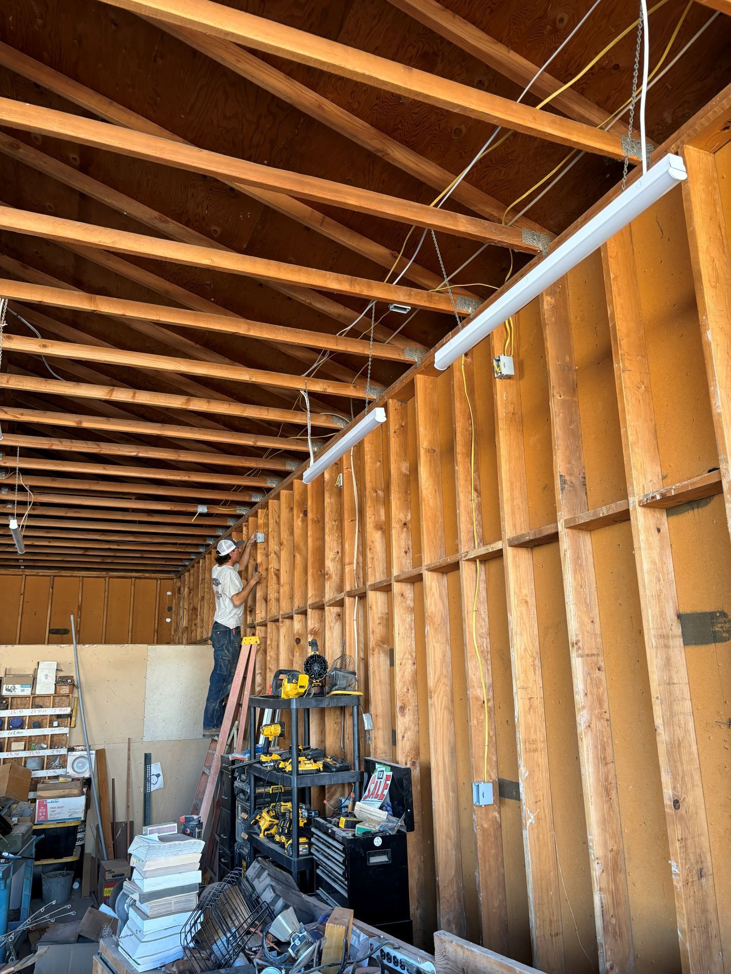 Person cleaning large glass windows with a long-handled squeegee; indoors with a view of trees.