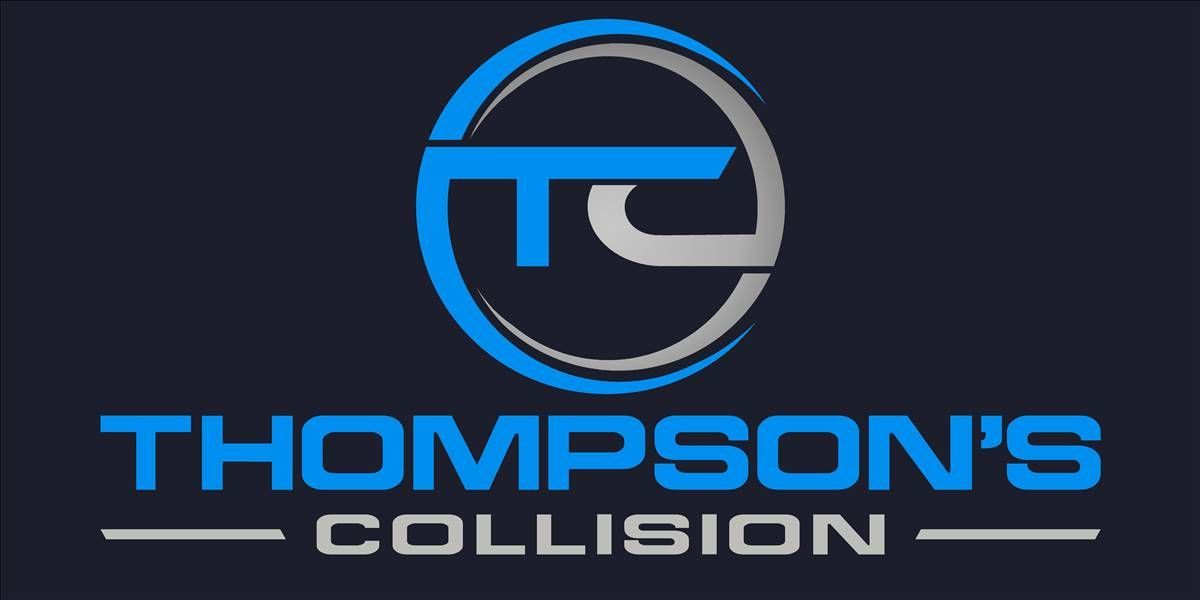Thompson's Collision logo: blue and silver stylized letters "TC" inside a circle, text "THOMPSON'S COLLISION" below.